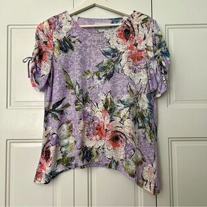 Alfred Dunner Purple Asymmetrical Ruched Floral Blouse Petite M